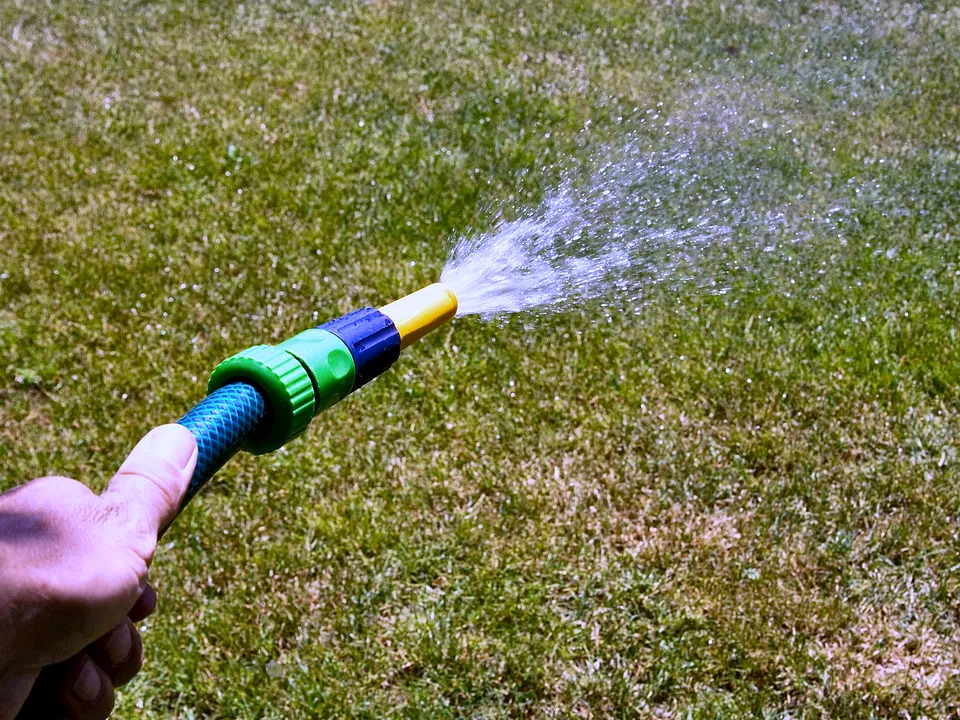 Garden hose spraying water over a lawn