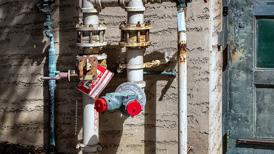 Water pipes and valves mounted on an outside wall