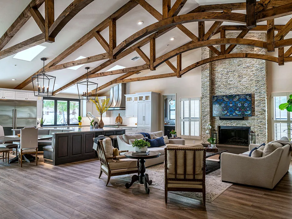Living room under an exposed wood-beam ceiling