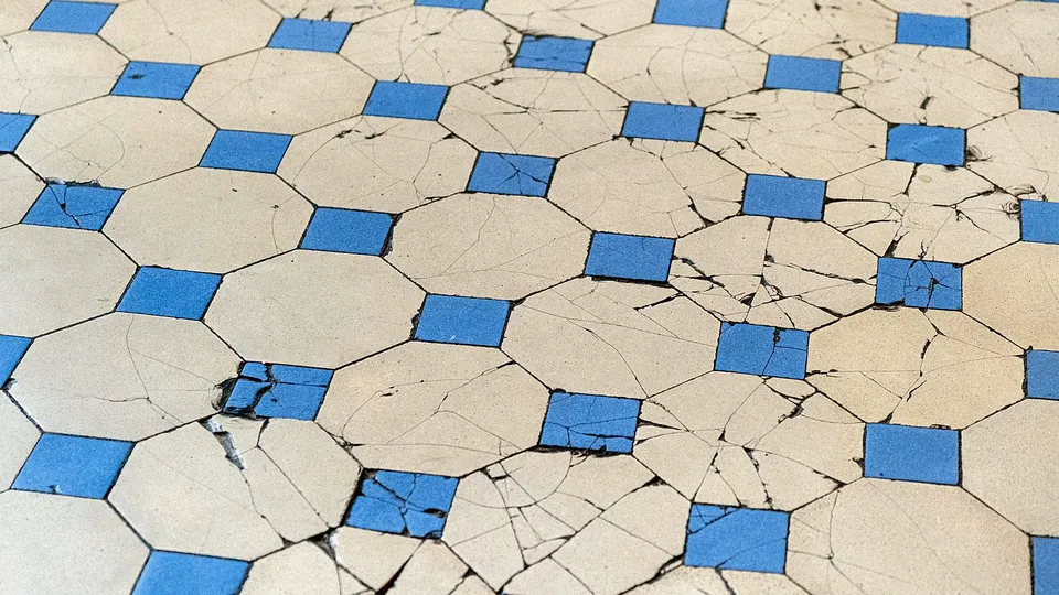 Cracked blue-and-white floor tiles