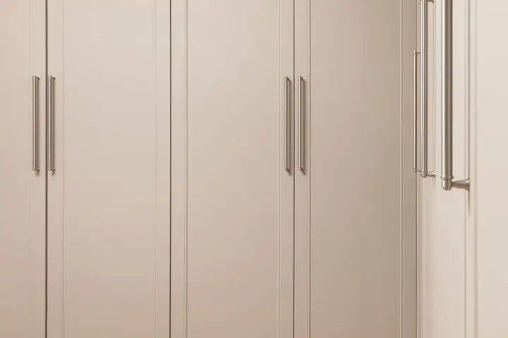 Contemporary closet with beige doors and metal handles above floor in modern light house