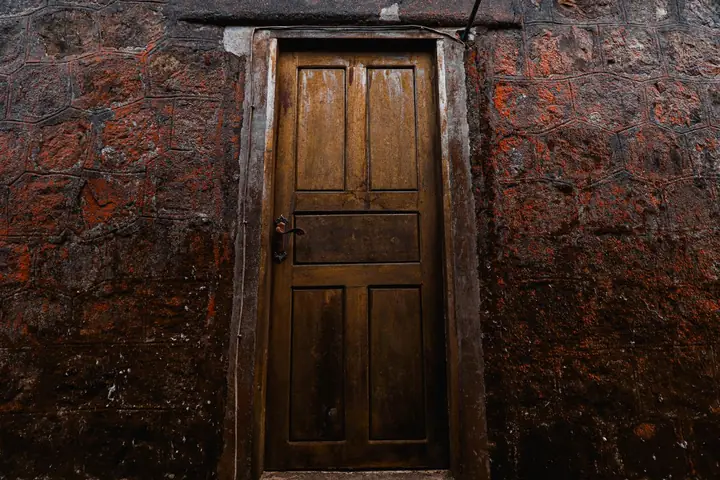 A vintage wooden door set in a textured red brick wall, showcasing rustic architecture