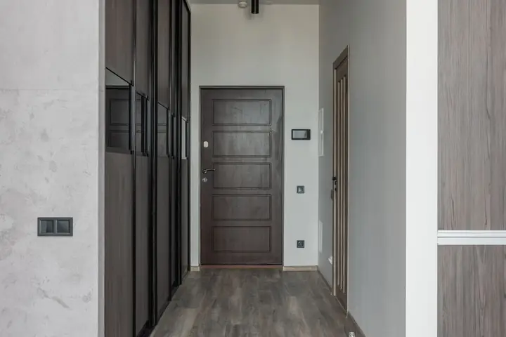 Wooden door against narrow passage with parquet and closet in contemporary house in daylight