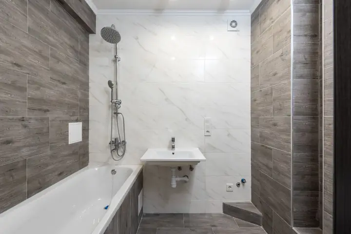 Modern bathroom interior with wooden details and design